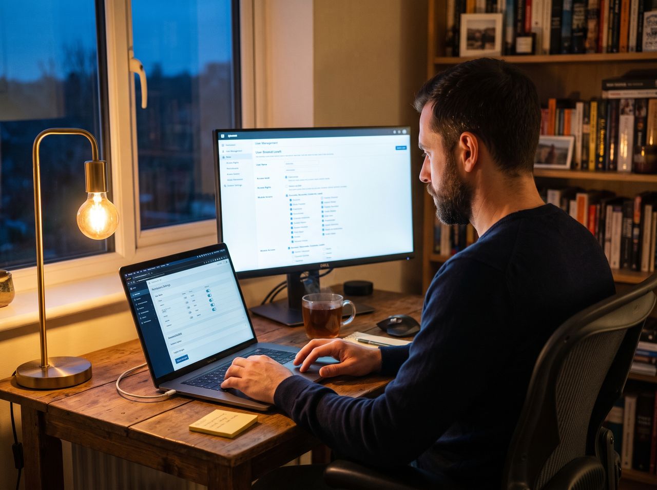 A bearded man works at a home office desk, reviewing admin settings on dual screens at dusk.