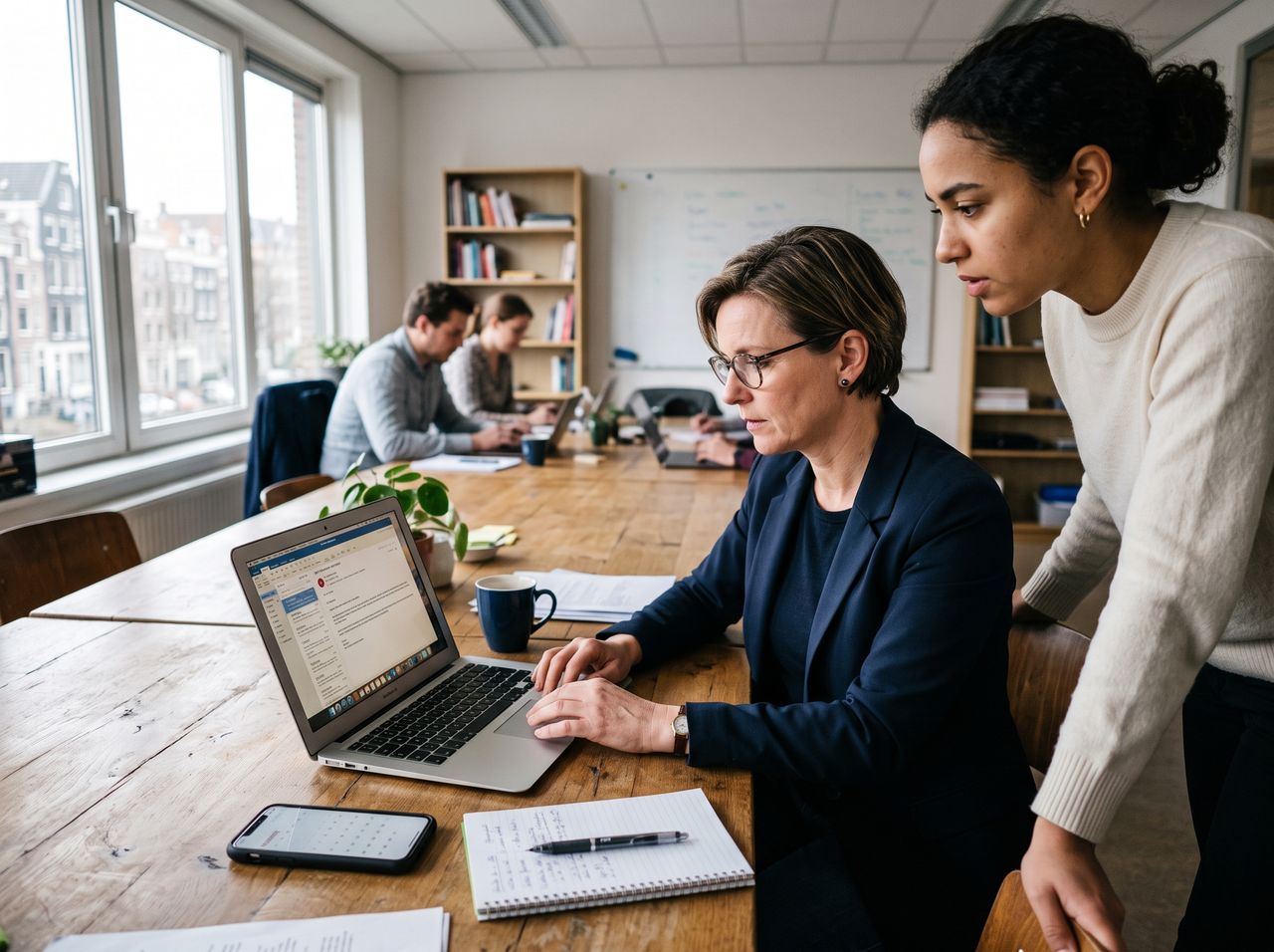 Une responsable et un commercial concentrés examinent un e-mail sur l'écran d'un ordinateur portable.