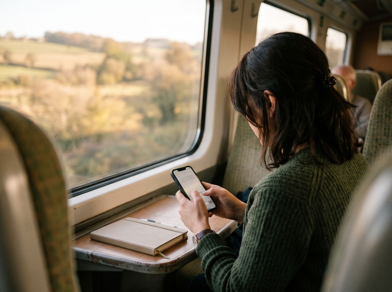 Vue de dos d'une femme utilisant son smartphone dans un train, carnet et stylo sur la tablette.
