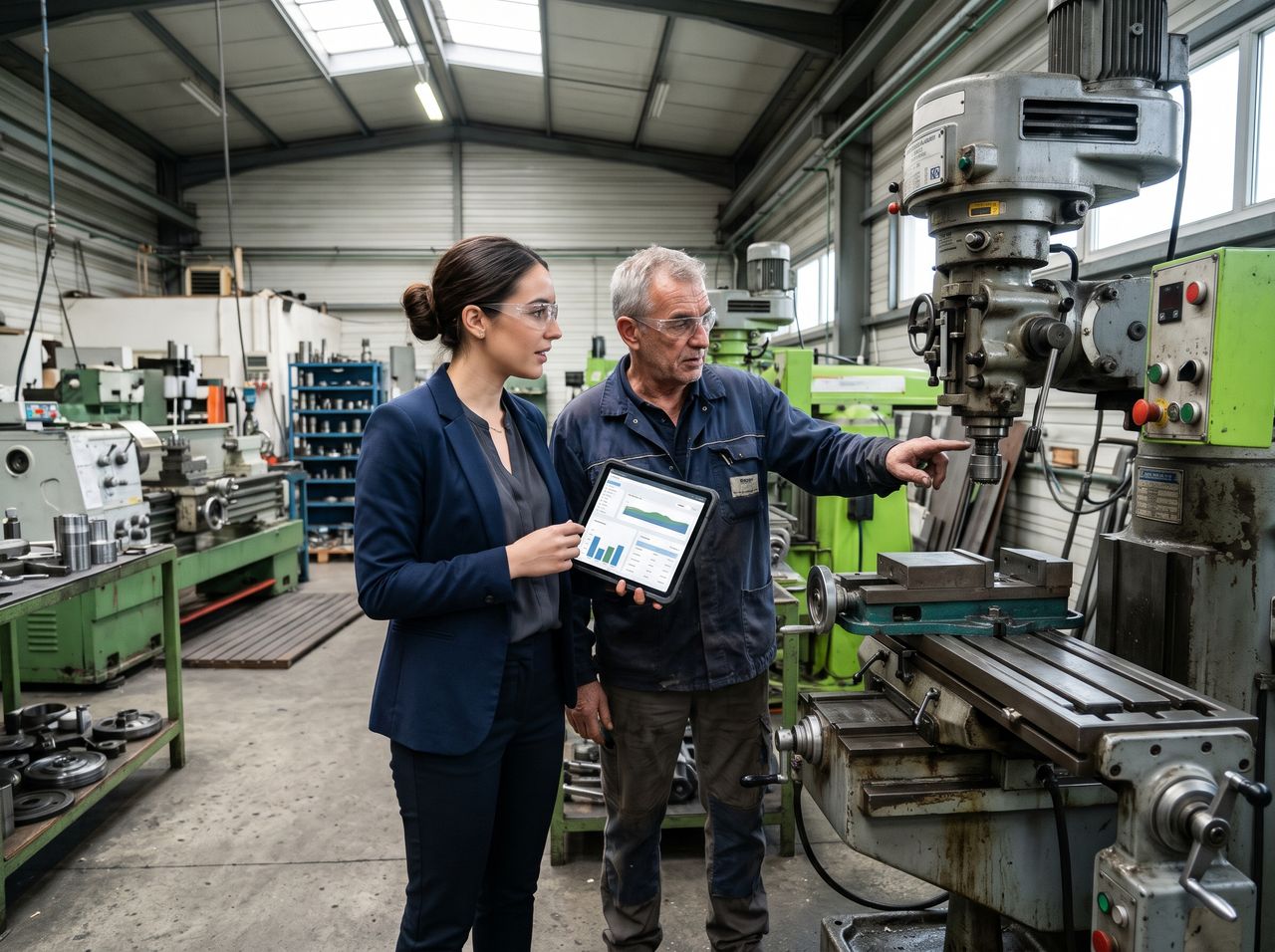 Une femme en blazer montre une tablette à un chef d'atelier désignant un équipement industriel.
