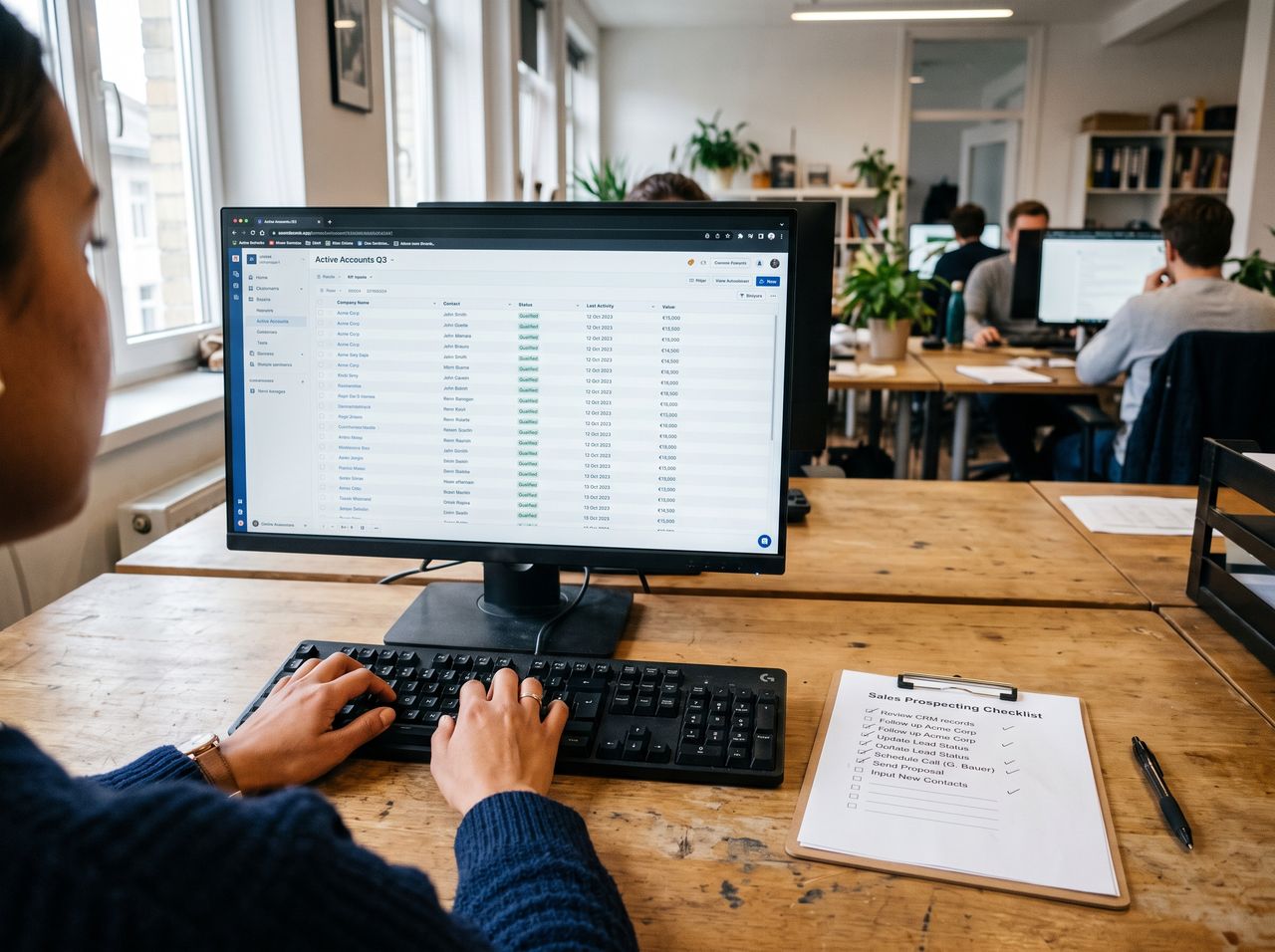 Mains sur un clavier devant un écran affichant un tableau CRM, à côté d'une checklist papier cochée.