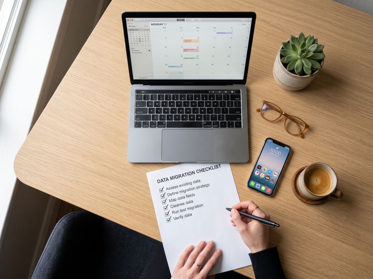 Bureau en chêne clair vu du dessus avec ordinateur portable, liste de contrôle cochée, smartphone, café et plante.