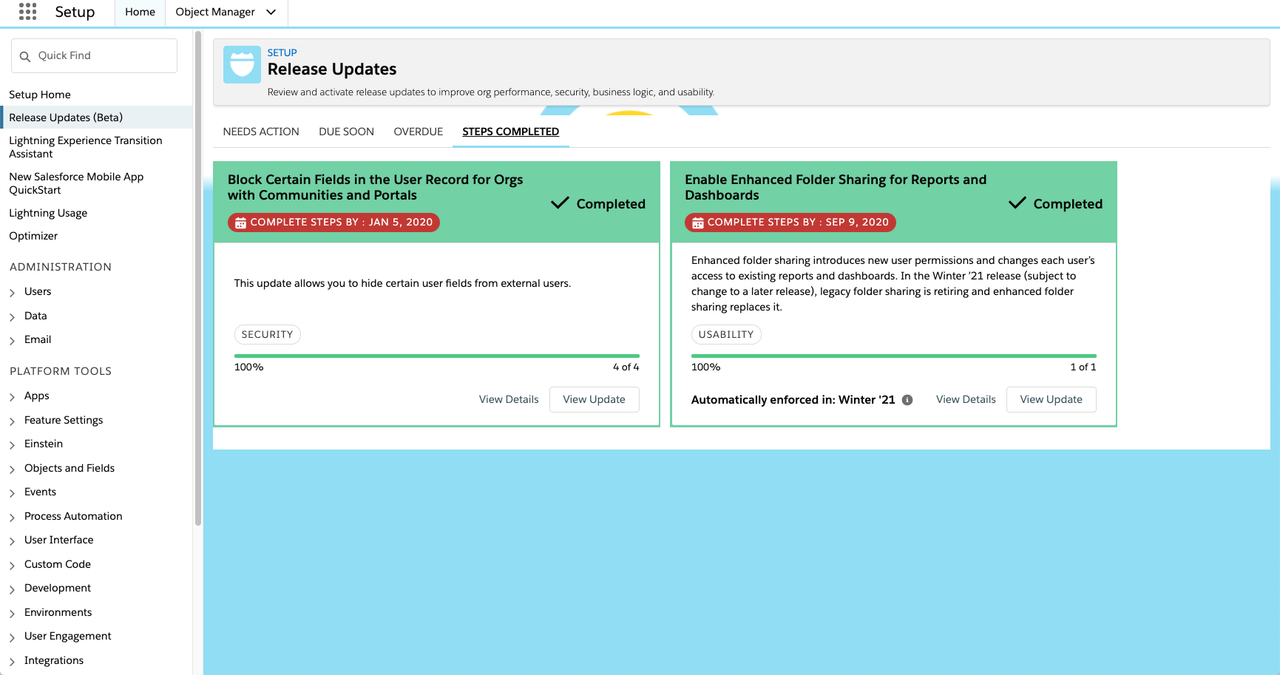 Salesforce Release Updates page in Setup with Overdue, Due Soon and Steps Completed tabs (Salesforce Admins blog)