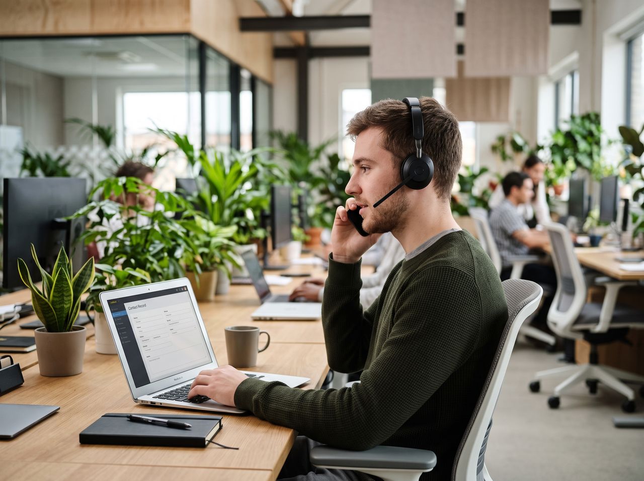 Un jeune homme de profil portant un casque travaille sur un ordinateur portable dans un bureau ouvert.