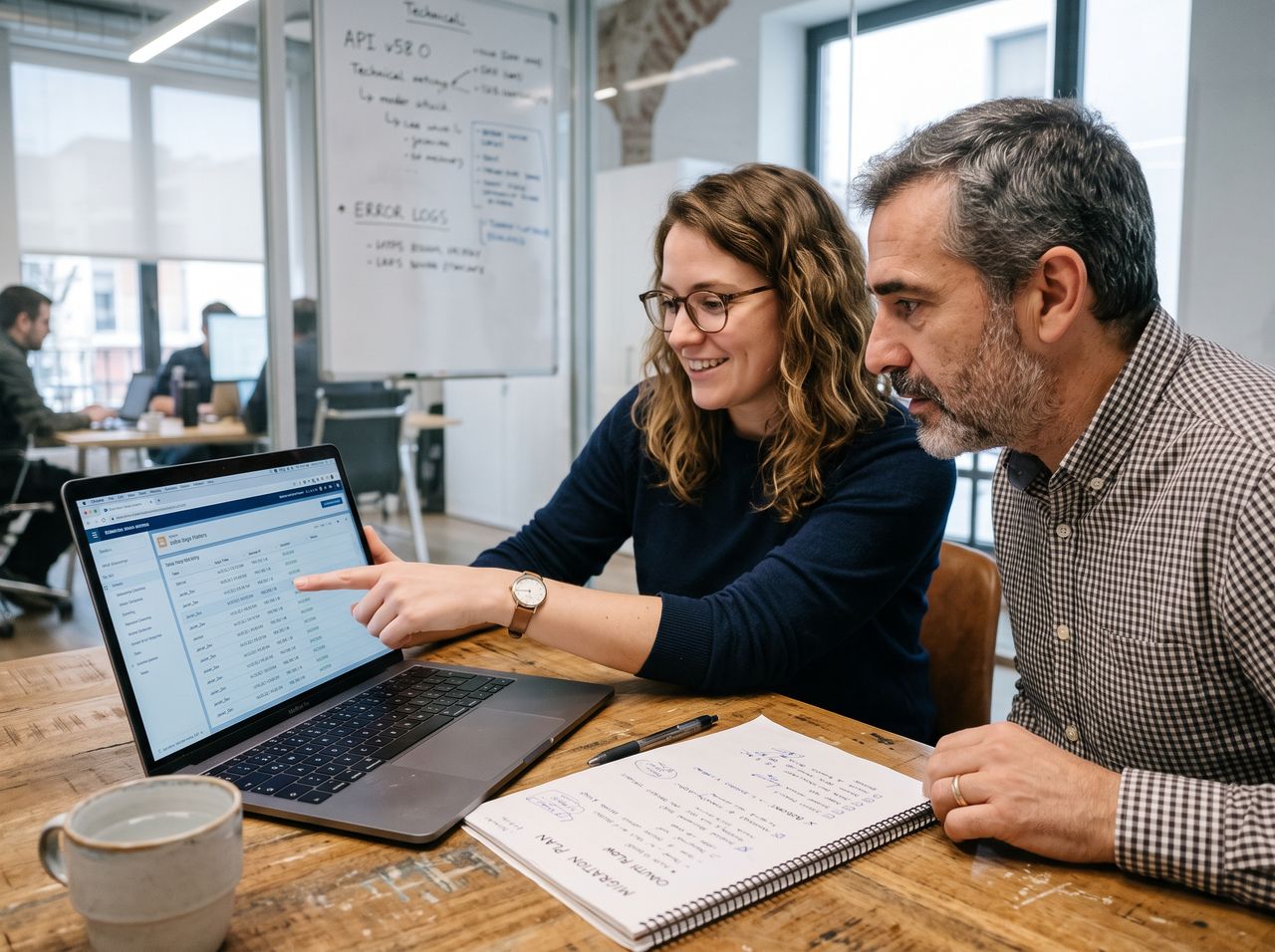 Two colleagues sit at a table, pointing at a laptop screen showing a CRM login list.